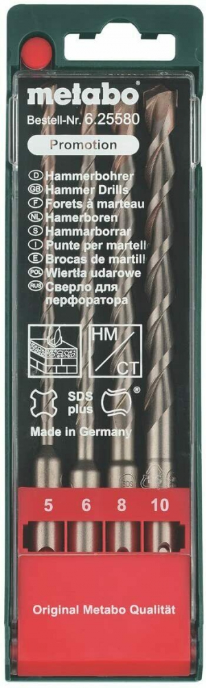 Bild 1 von 4-tlg Metabo SDS-plus Hammerbohrer Set 5 + 6 + 8 + 10 mm x 160/100 mm (Made in Germany)