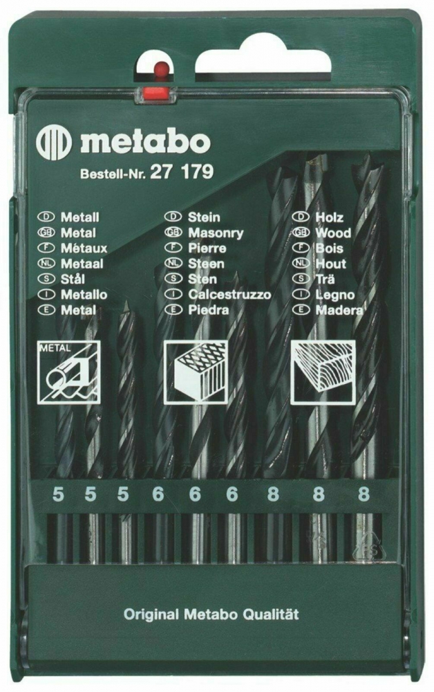 Bild 1 von 9-tlg Metabo Mix-Bohrer Set - Metallbohrer + Steinbohrer + Holzbohrer 5 + 6 + 8 mm